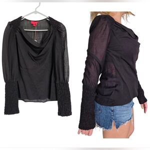 LAVIA Piazza Sempione Semi-Sheer Wool Black Blouse Small Smocked Cuffs NWT Goth